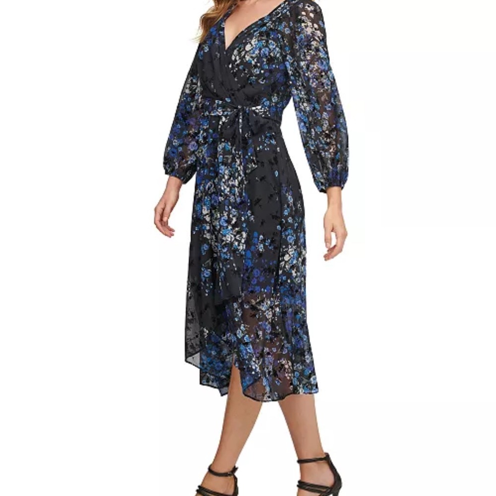 DKNY Floral-Print Balloon-Sleeve Faux-Wrap Dress